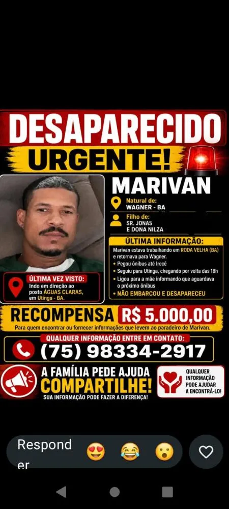 Homem segue desaparecido após ser visto pela última vez em Utinga; família oferece recompensa por informações
