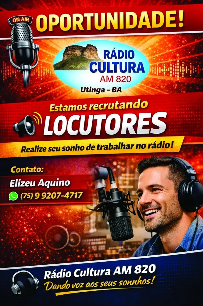 A Rádio Cultura AM 820 de Utinga, na Bahia, está com vagas abertas para você que sonha em seguir carreira no rádio!