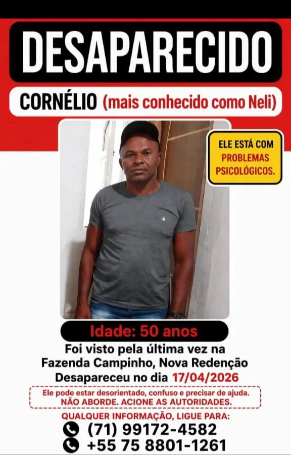 Homem de 50 anos está desaparecido após ser visto pela última vez em Nova Redenção